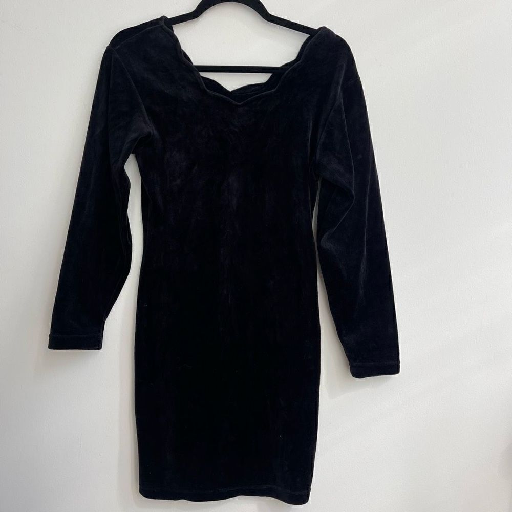 Diana Marco Womens Midi Dress Velvet V Scallop Neckline Long Sleeve Black Small